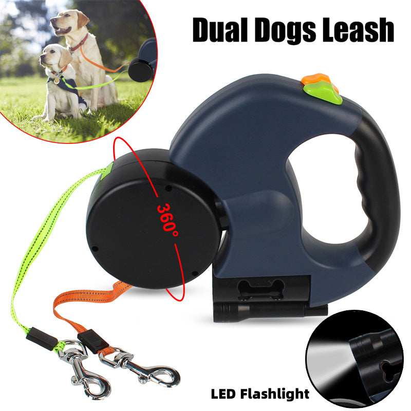 Retractable Dual Dog Leash with Lights – Reflective &amp; Tangle-Free